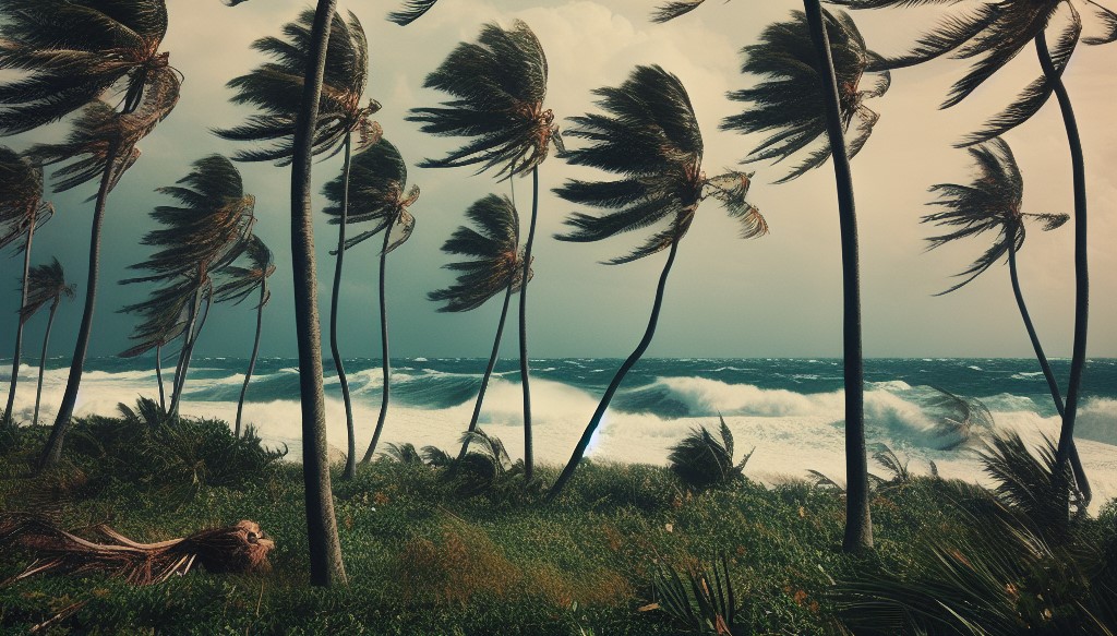 A group of palm trees blowing in the wind.