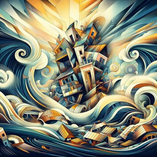 A painting of a city in the middle of waves.