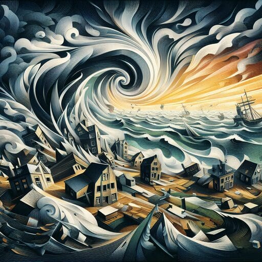 A painting of a wave crashing over houses.