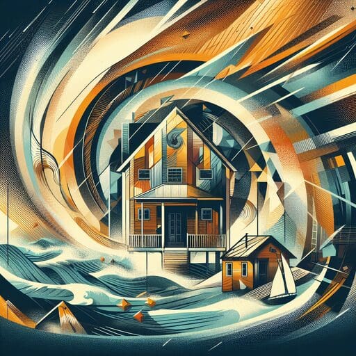 Hurricane, Constructivist.18 A painting of a house in the middle of a storm.
