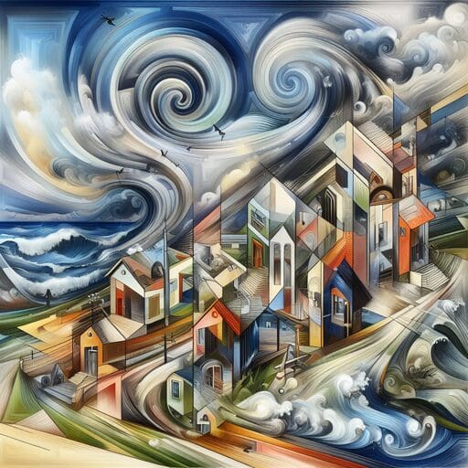 A painting of a city with clouds and sky