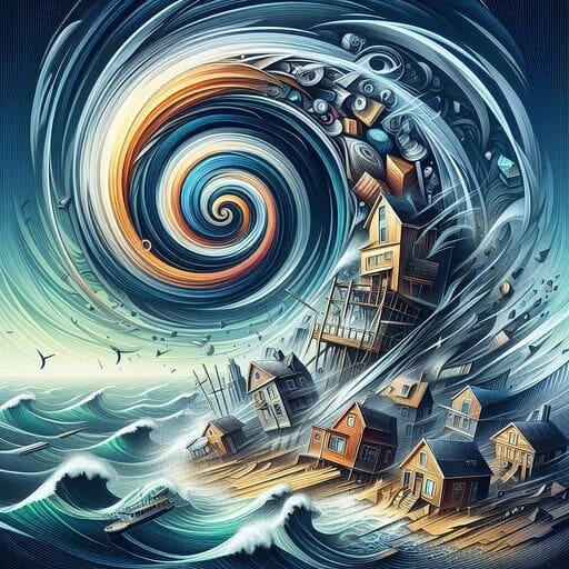 A painting of a spiral wave with houses on it