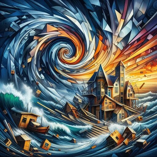 A painting of a house in the middle of a wave.