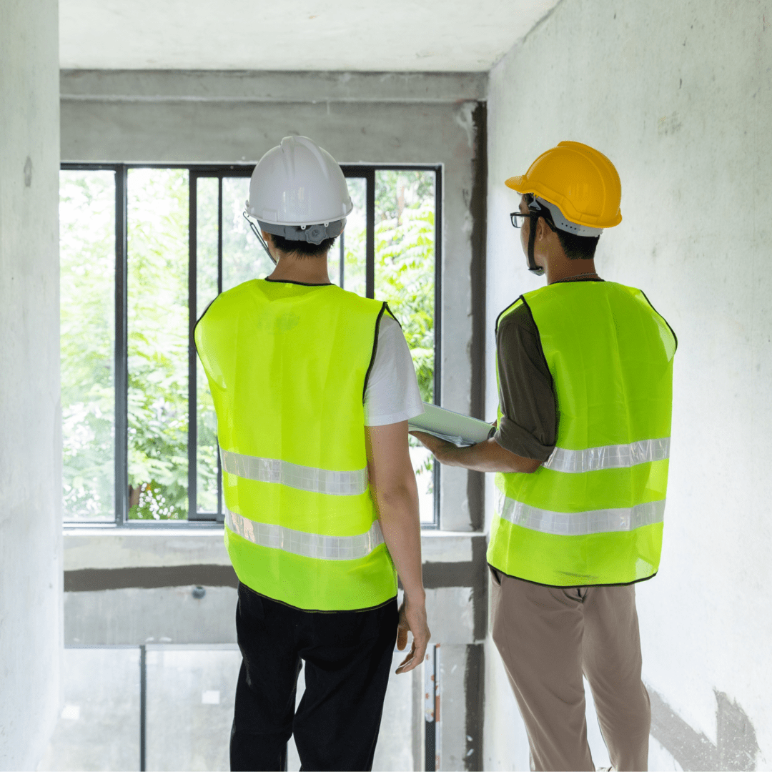 wind load calculator for Engineers (3) Two workers in safety vests and helmets.